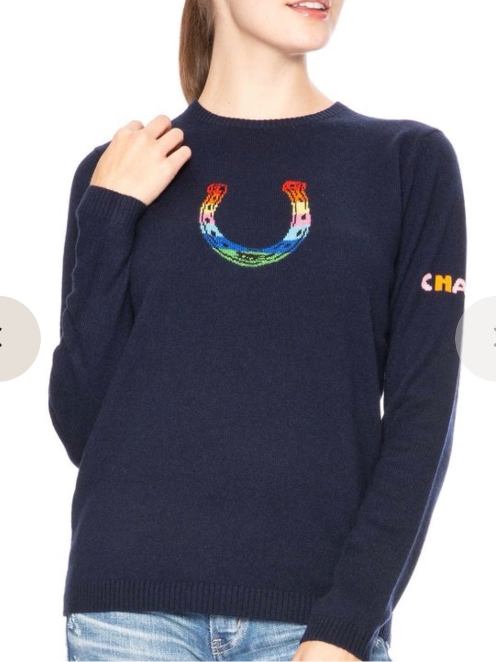 🧲 Bella Freud Charm Horseshoe Rainbow Cashmere Sweater Size Small  Navy Blue